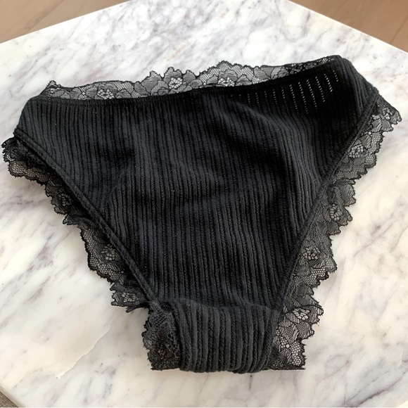 Black Ribbed Lace Trim Cotton Pointelle Bikini Panty - Picture 5 of 7